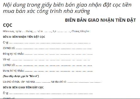 Download mẫu giấy biên bản giao nhận đặt cọc tiền mua bán xác công trình nhà xưởng