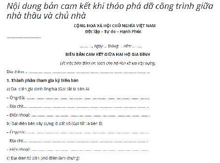 Mẫu biên bản thỏa thuận cam kết đảm bảo an toàn khi phá dỡ nhà cũ